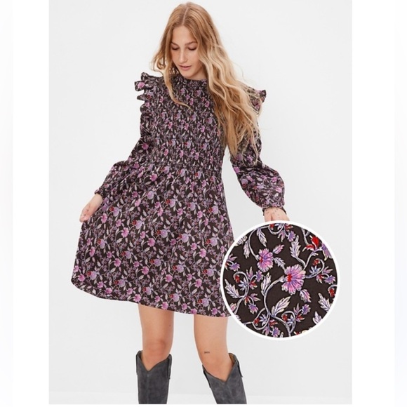 GAP SMOCKED RUFFLE SLEEVE FLORAL MINI DRESS BOHO - Picture 1 of 8